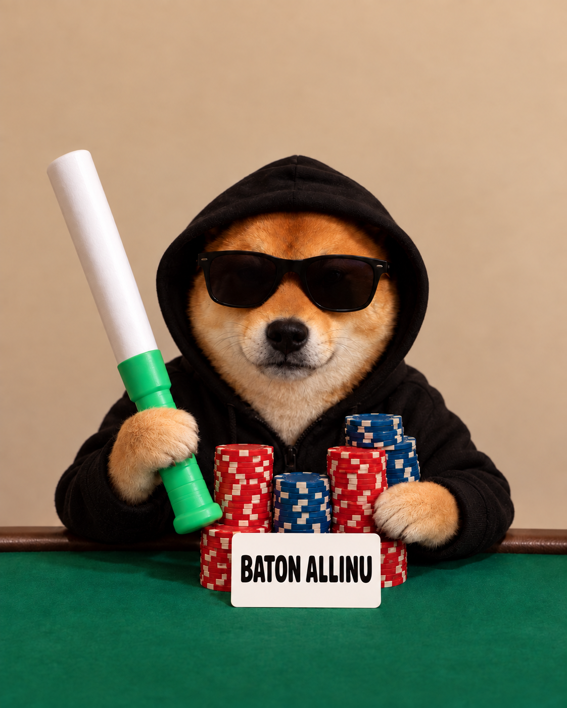 Baton ALLINU Shiba Inu in a black hoodie and sunglasses at a poker table